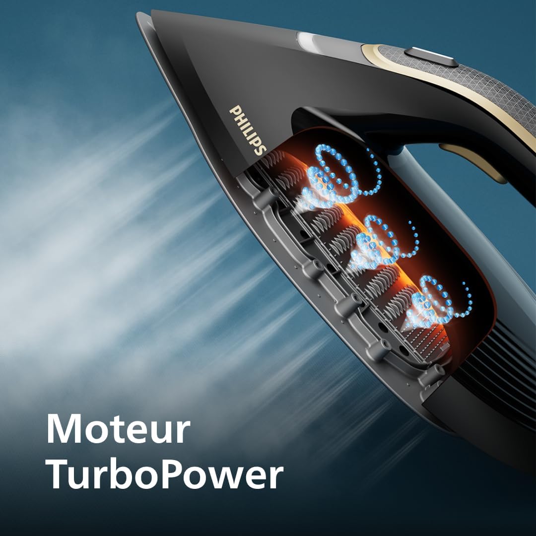 Philips PerfectCare 7000-2850W Series, Pressing 650 g/min, 8.5 Bars, OptimalTEMP Technology, 1.5L Tank, SteamGlide Elite Sole, Smart Steam, Black/Gold (PSG7300/80)