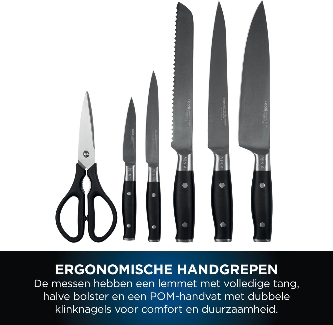 Ninja Foodi StaySharp K32006EU Messenblok, messenset, geïntegreerde slijper, 5 messen en schaar (1 paar), keuken-, brood-, trancheer-, universele schilmes & schaar, 6-delig, roestvrij staal