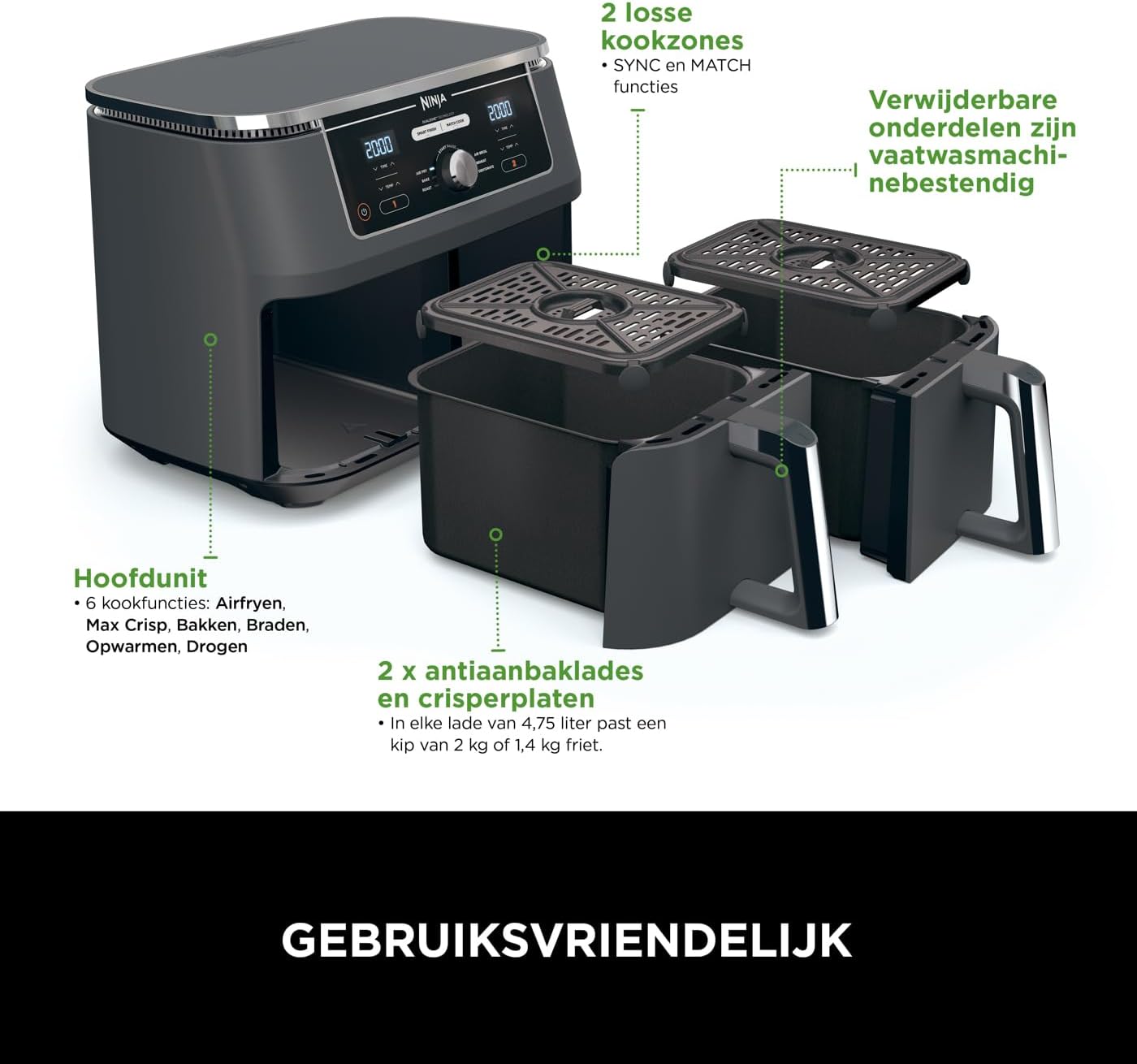 Ninja Foodi MAX Dual Zone Digitale Airfryer, 2 Laden, 9,5L, 6-in-1, Olievrij, Airfryen, Max Crisp, Braden, Bakken, Drogen, 8 Porties, Vaatwasmachinebestendige Manden Met Anti-aanbaklaag, Zwart AF400EU