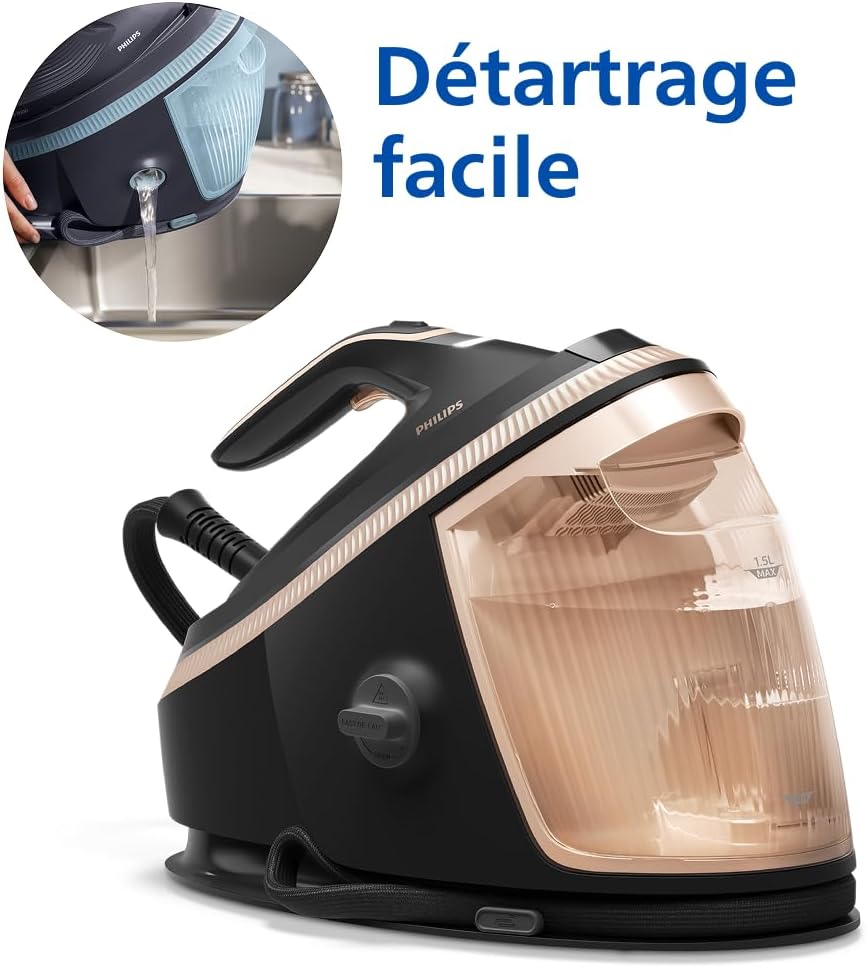 Philips PerfectCare 7000-2850W Series, Pressing 650 g/min, 8.5 Bars, OptimalTEMP Technology, 1.5L Tank, SteamGlide Elite Sole, Smart Steam, Black/Gold (PSG7300/80)