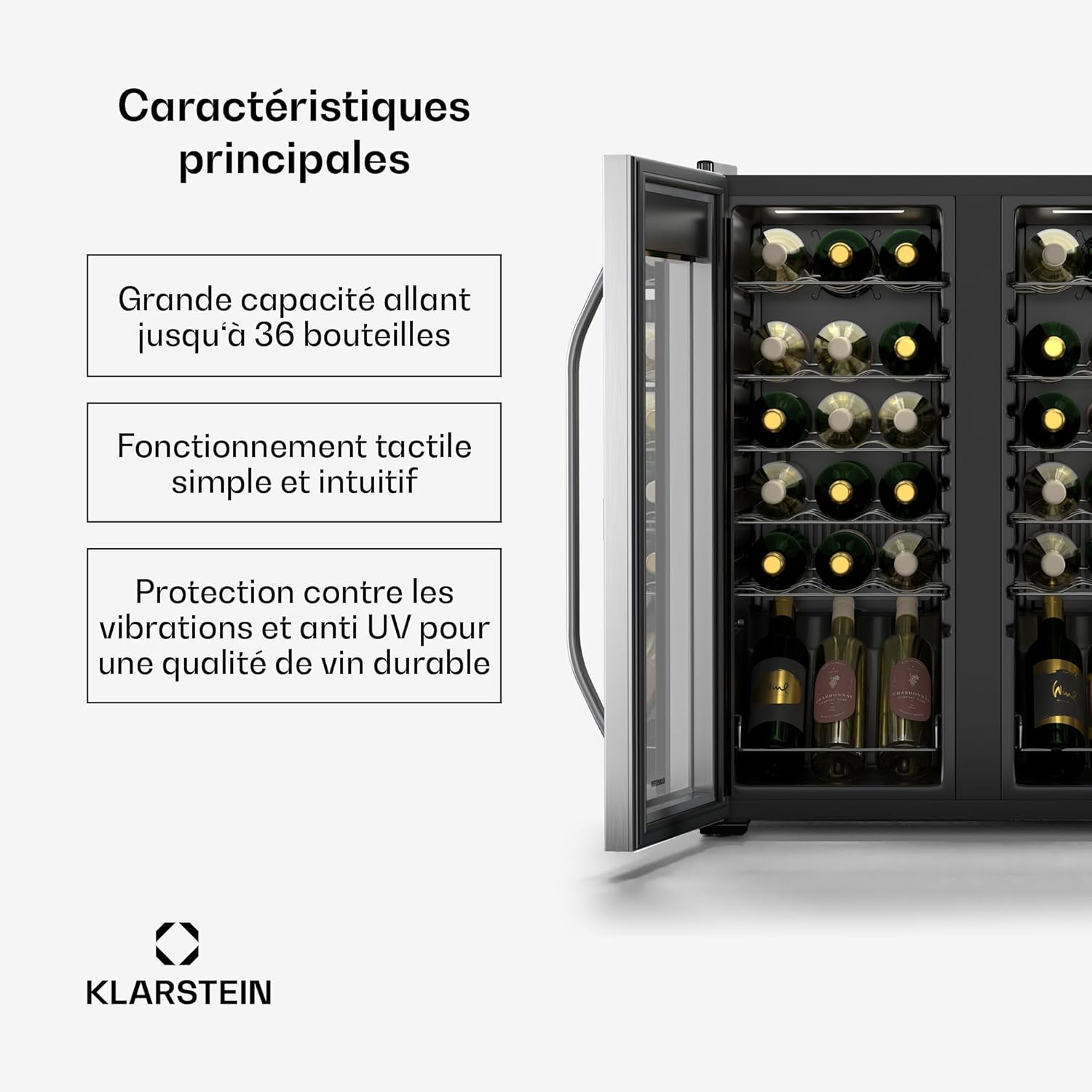 Cave à vin Klarstein Vinamour + 6 bouteilles de vin offertes - 2 zones / 36 bouteilles, 5-18 °C, commande tactile, éclairage LED, pose libre, protection anti-UV, double porte en acier inoxydable