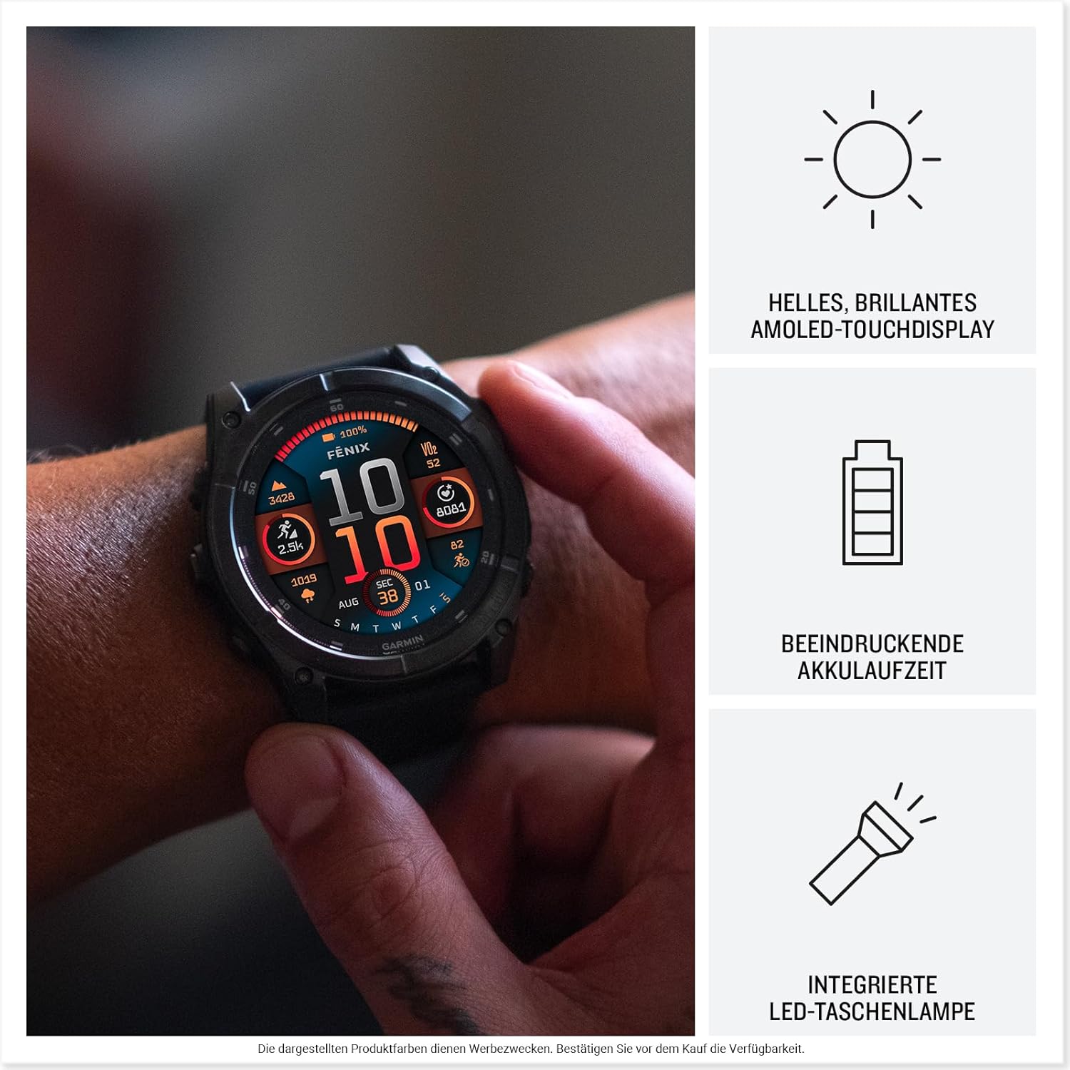 Garmin fēnix 8 – Multisport-Smartwatch, 1,4" AMOLED Touch-/Tastendisplay, bis zu 16 Tage Akkulaufzeit, 80+ Sport-/Outdoor-Apps, TOPO-Karten, EKG, Telefonie, Musik, Taschenlampe