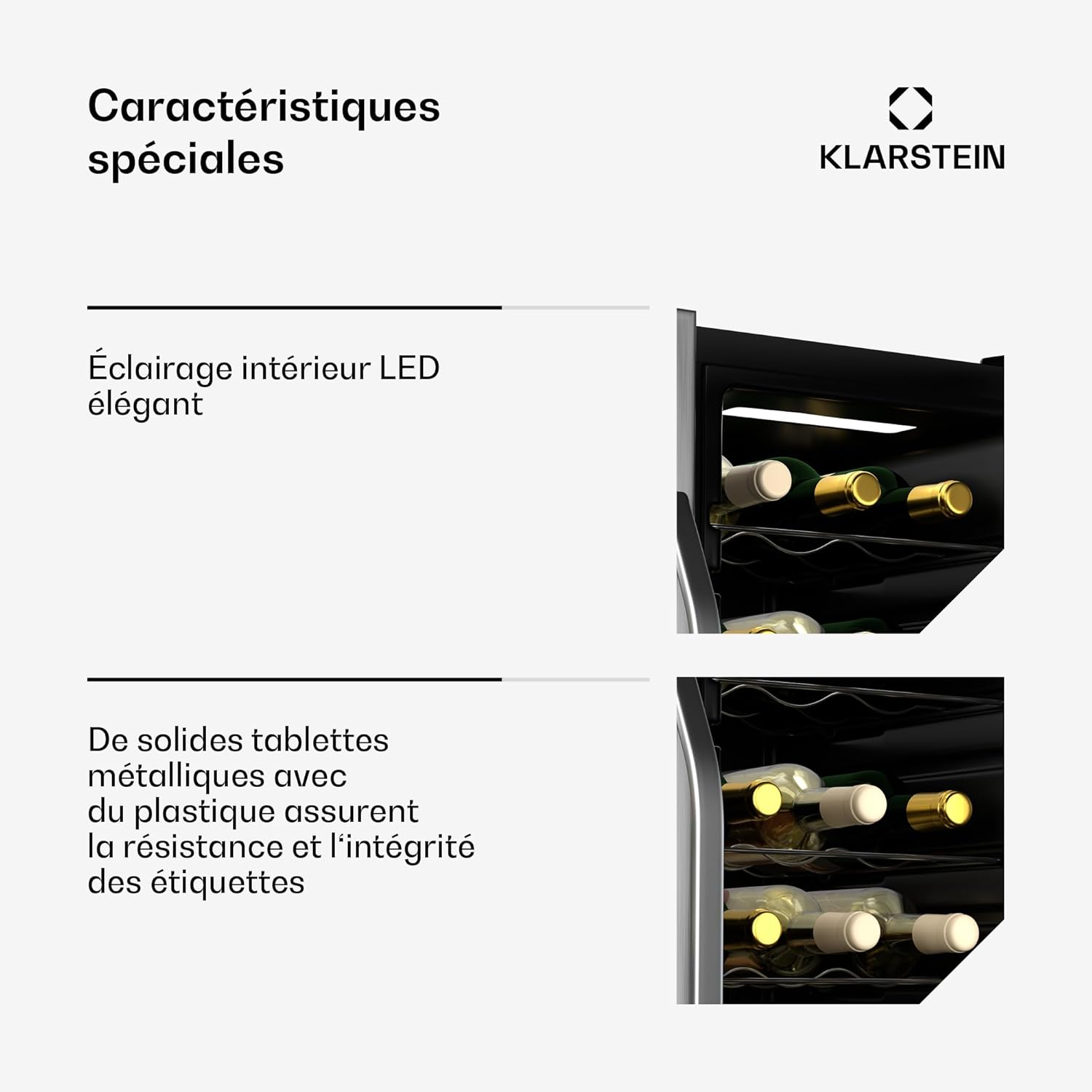 Cave à vin Klarstein Vinamour + 6 bouteilles de vin offertes - 2 zones / 36 bouteilles, 5-18 °C, commande tactile, éclairage LED, pose libre, protection anti-UV, double porte en acier inoxydable