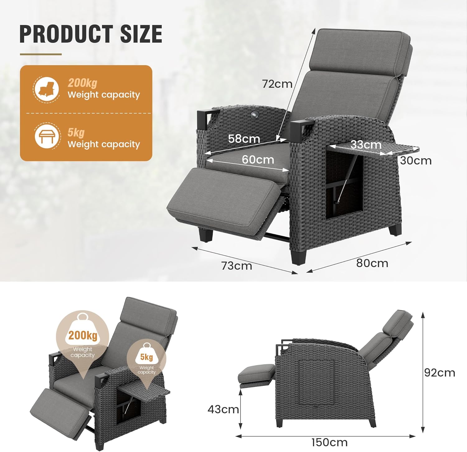 Garden Comfort Set: Amopatio Rattan Recliner Lounger + Outsunny 70cm Table + Keplin 2.7m Parasol