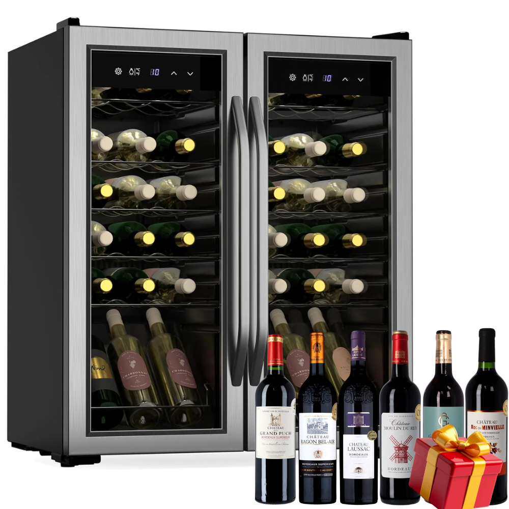 Cave à vin Klarstein Vinamour + 6 bouteilles de vin offertes - 2 zones / 36 bouteilles, 5-18 °C, commande tactile, éclairage LED, pose libre, protection anti-UV, double porte en acier inoxydable