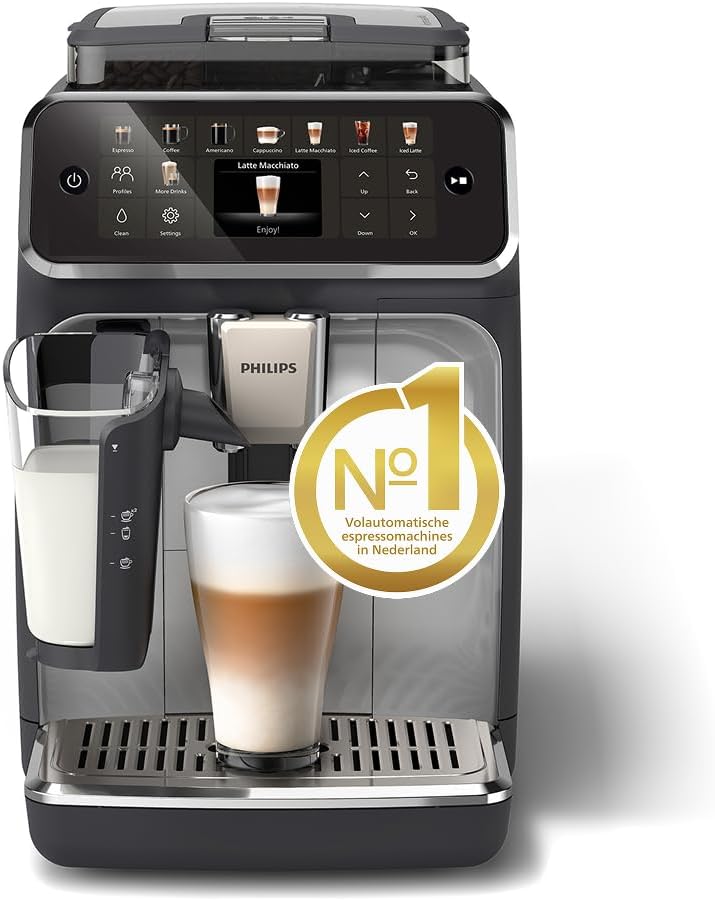 Philips 5500 - Serie Volautomatische Espressomachine: 20 Warme en Ijskoffies, Snelreinigend LatteGo-melksysteem, 40% Stiller met SilentBrew, QuickStart, Zwart en Zilver (EP5546/70)