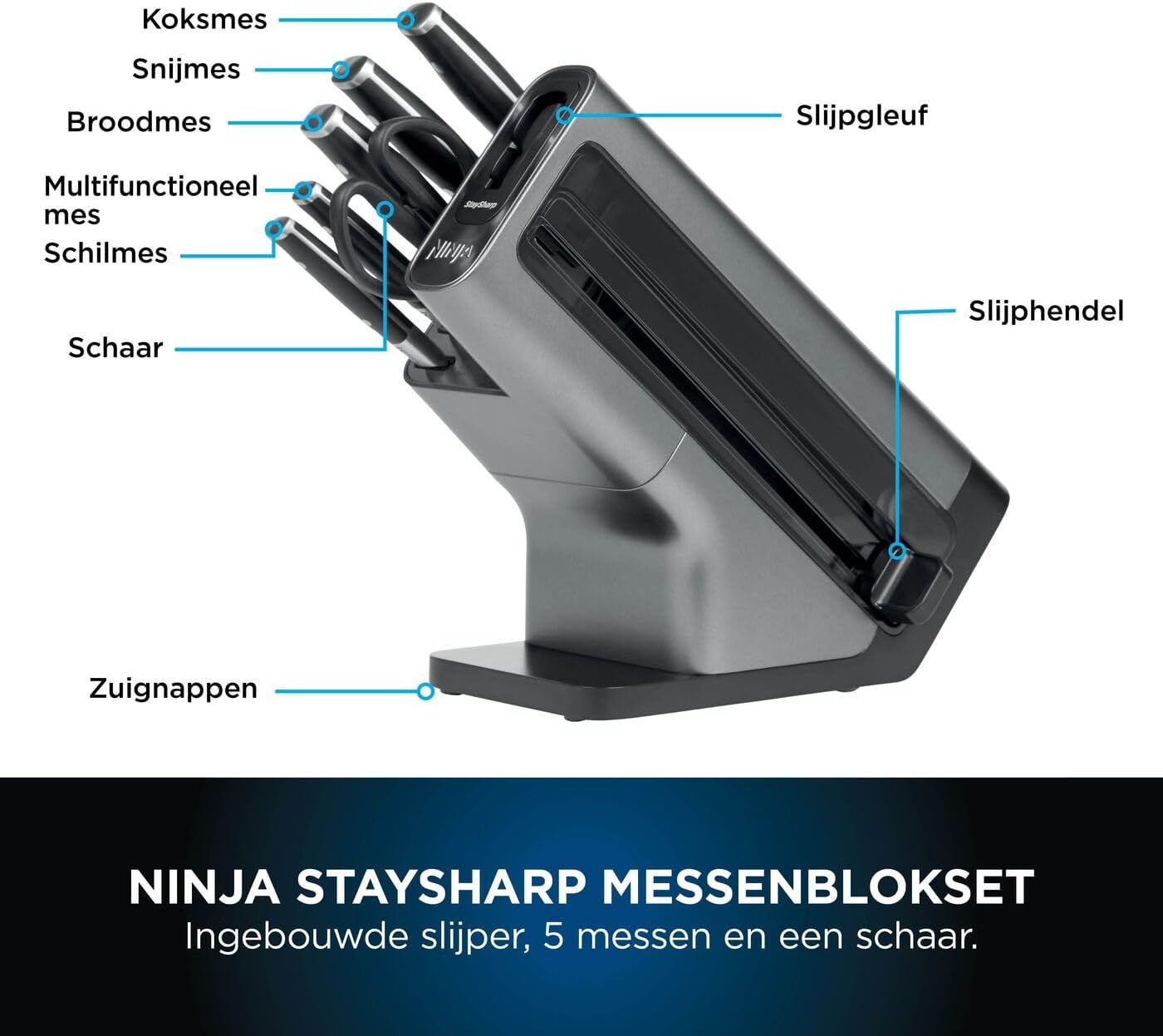 Ninja Foodi StaySharp K32006EU Messenblok, messenset, geïntegreerde slijper, 5 messen en schaar (1 paar), keuken-, brood-, trancheer-, universele schilmes & schaar, 6-delig, roestvrij staal