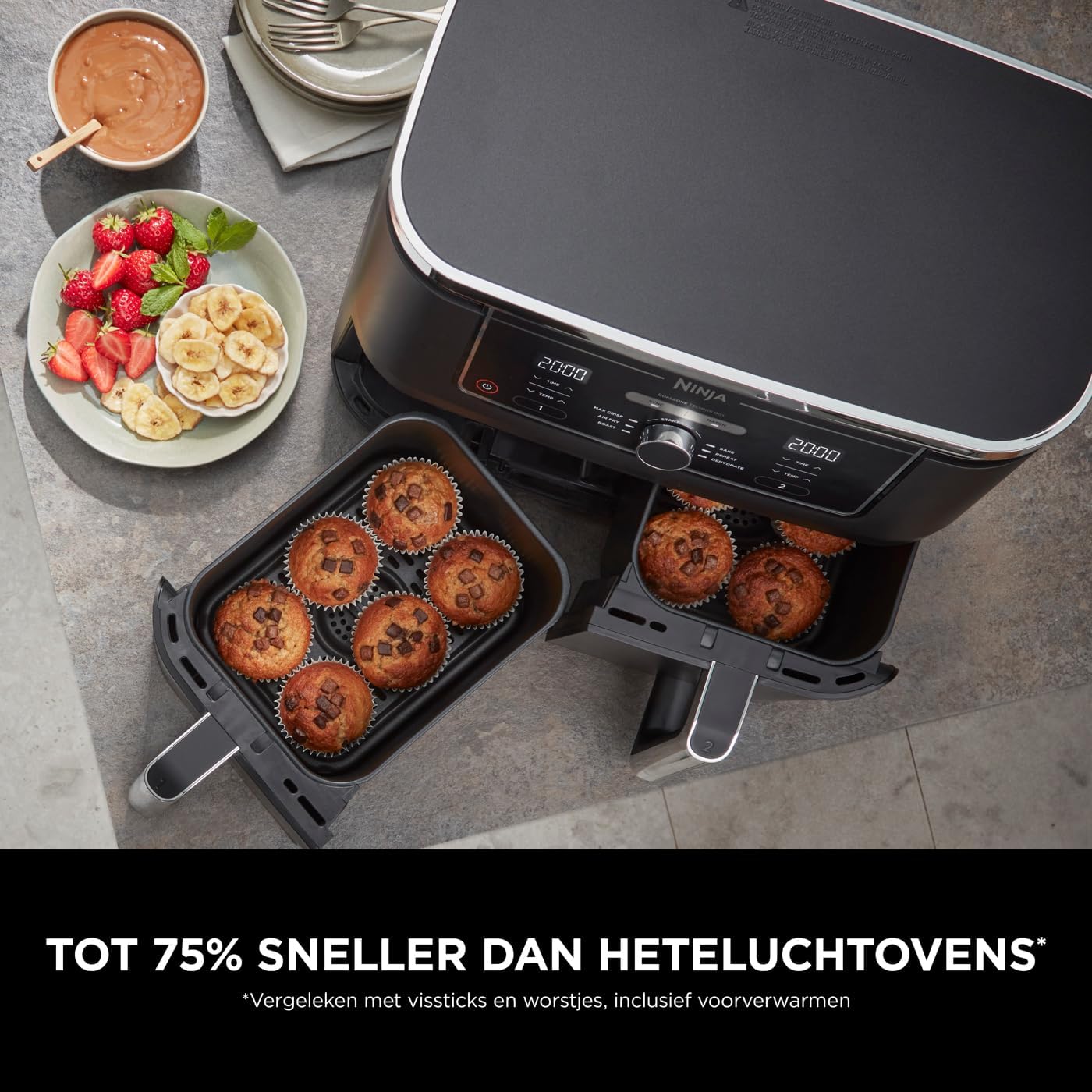 Ninja Foodi MAX Dual Zone Digitale Airfryer, 2 Laden, 9,5L, 6-in-1, Olievrij, Airfryen, Max Crisp, Braden, Bakken, Drogen, 8 Porties, Vaatwasmachinebestendige Manden Met Anti-aanbaklaag, Zwart AF400EU