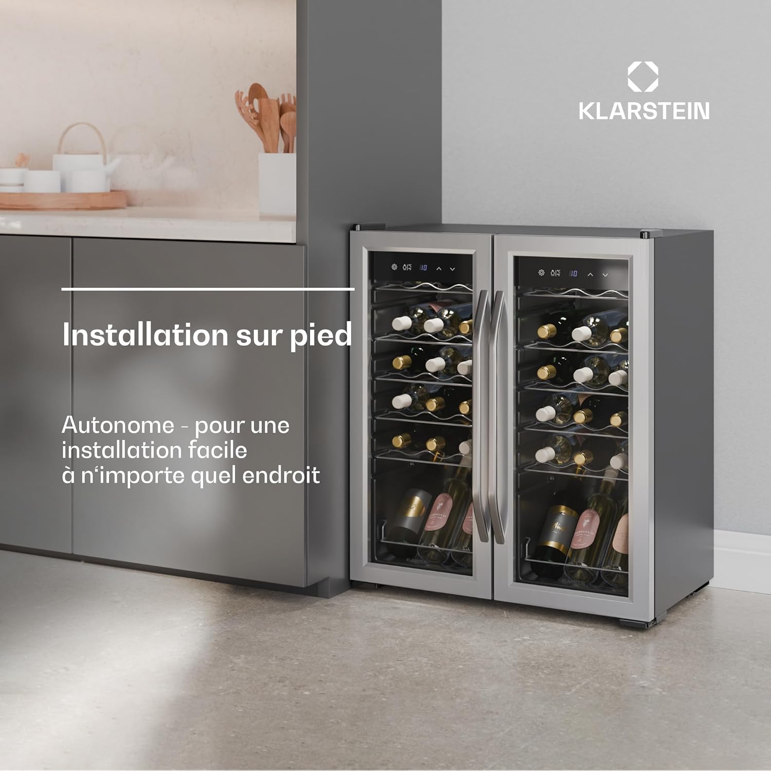 Cave à vin Klarstein Vinamour + 6 bouteilles de vin offertes - 2 zones / 36 bouteilles, 5-18 °C, commande tactile, éclairage LED, pose libre, protection anti-UV, double porte en acier inoxydable