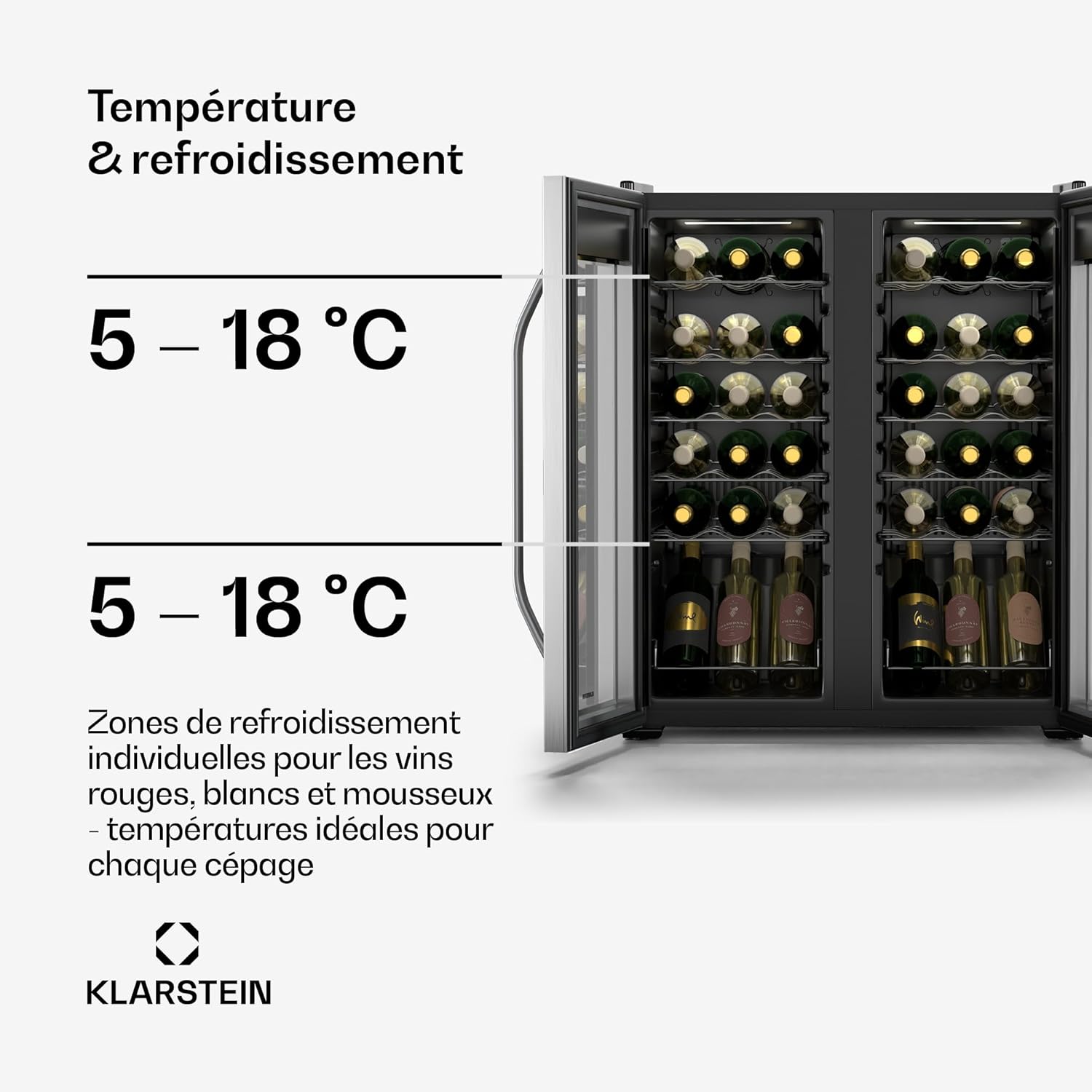 Cave à vin Klarstein Vinamour + 6 bouteilles de vin offertes - 2 zones / 36 bouteilles, 5-18 °C, commande tactile, éclairage LED, pose libre, protection anti-UV, double porte en acier inoxydable