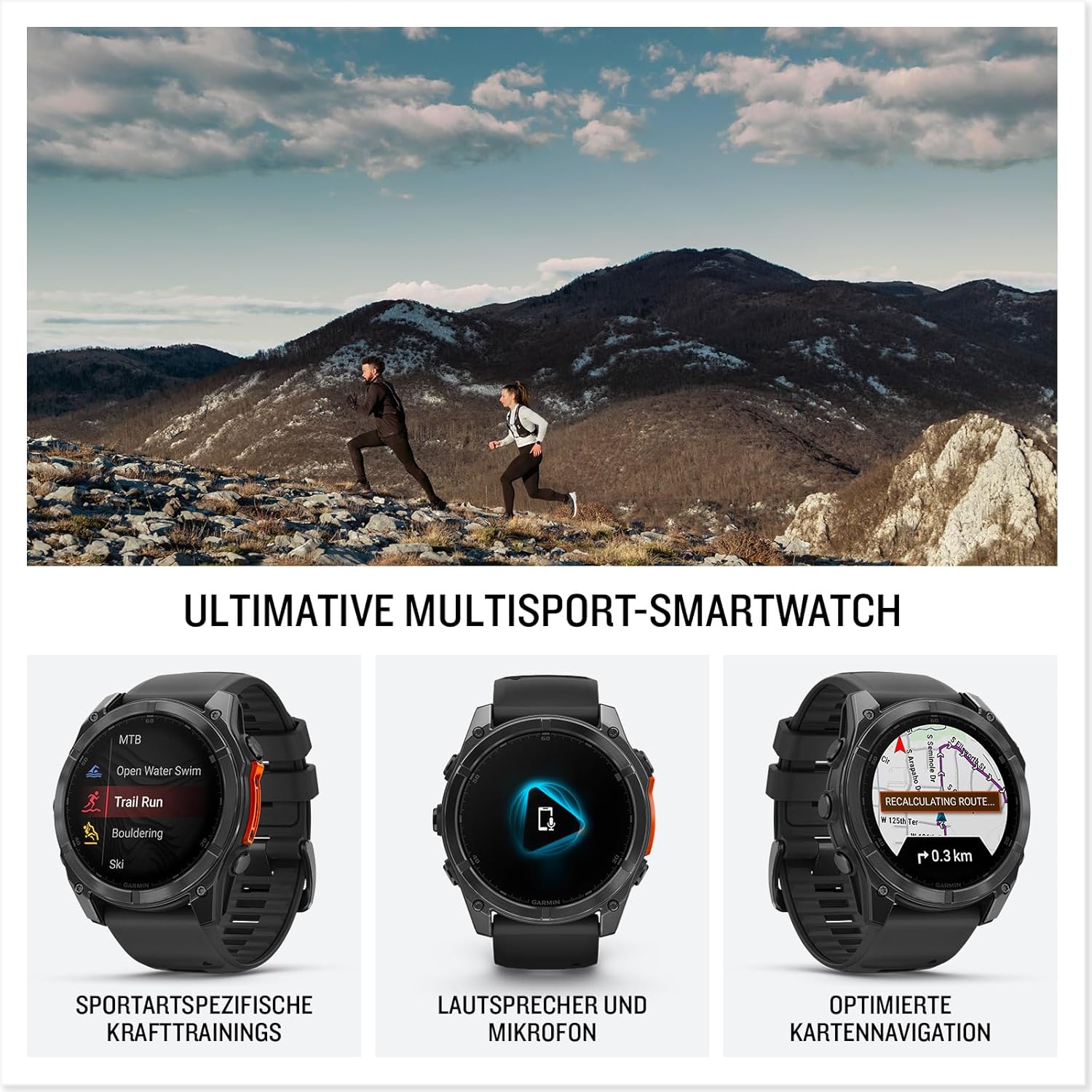 Garmin fēnix 8 – Multisport-Smartwatch, 1,4" AMOLED Touch-/Tastendisplay, bis zu 16 Tage Akkulaufzeit, 80+ Sport-/Outdoor-Apps, TOPO-Karten, EKG, Telefonie, Musik, Taschenlampe